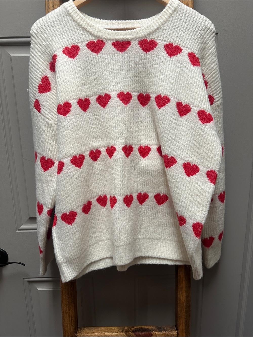 Vine & Love Cream Sweater with Red Heart Stripes